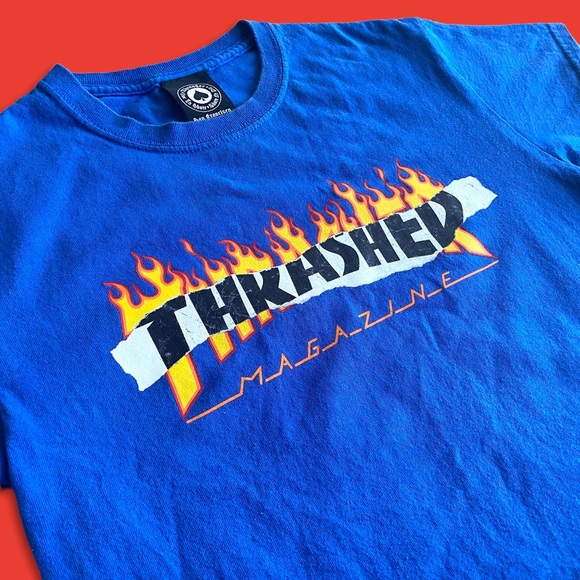 Thrasher Magazine Ripped Flame Flaming Tear Logo Short Sleeve T-Shirt in Blue - Picture 3 of 5